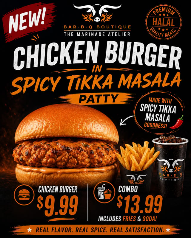 Chicken Burger in Spicy Tikka Masala Patty with Fries.