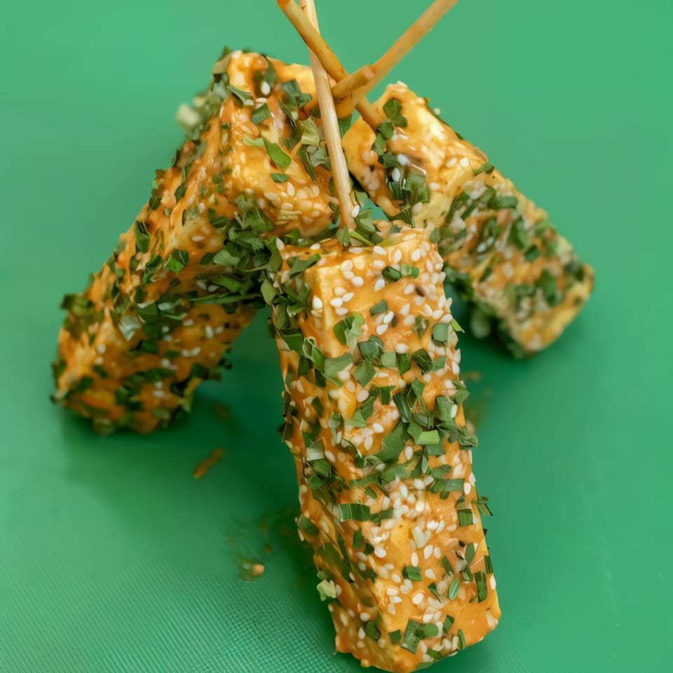 Three BBQ paneer skewers with sesame seeds and green herbs on a green background.