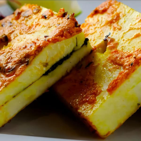 Close-up of two pieces of golden-brown grilled paneer, with a dark filling visible in one.
