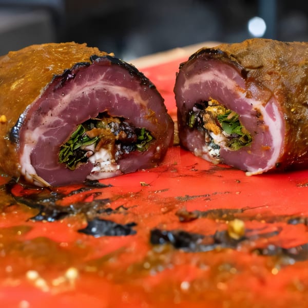 Two halves of a smoked, stuffed meat roll with green herbs and cheese on a red surface.