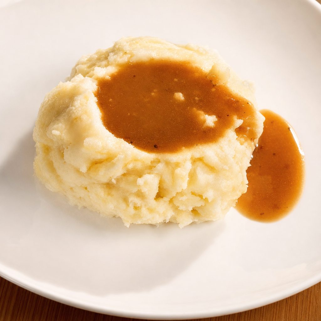 Mashed Potato, Red and Skin-on, with Brown Gravy.