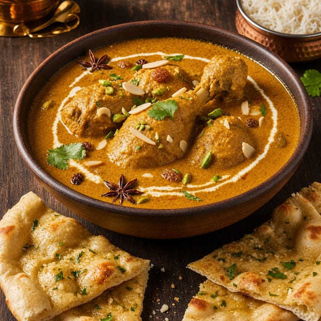 Combo: Kashmiri Korma Chicken (24 oz bone-in) curry with Garlic Naan.