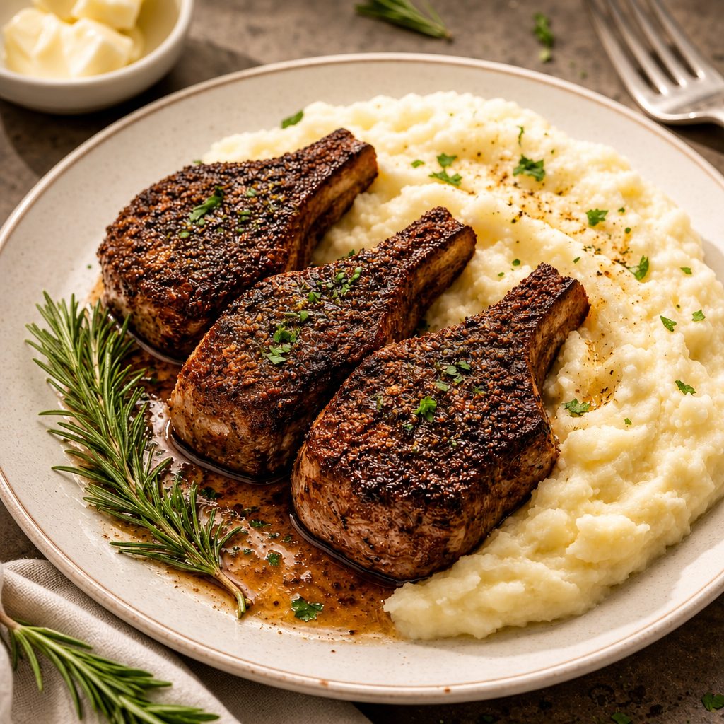 Combo: Lamb Loin Chops (2 pcs) in Tomahawk rub with Mashed Potato.