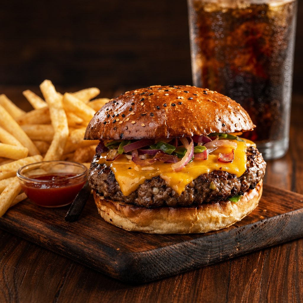 The Classic Grill Burger with fries.