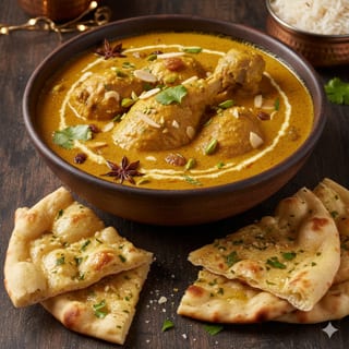 Combo: Kashmiri Korma Chicken (24 oz bone-in) curry with Garlic Naan